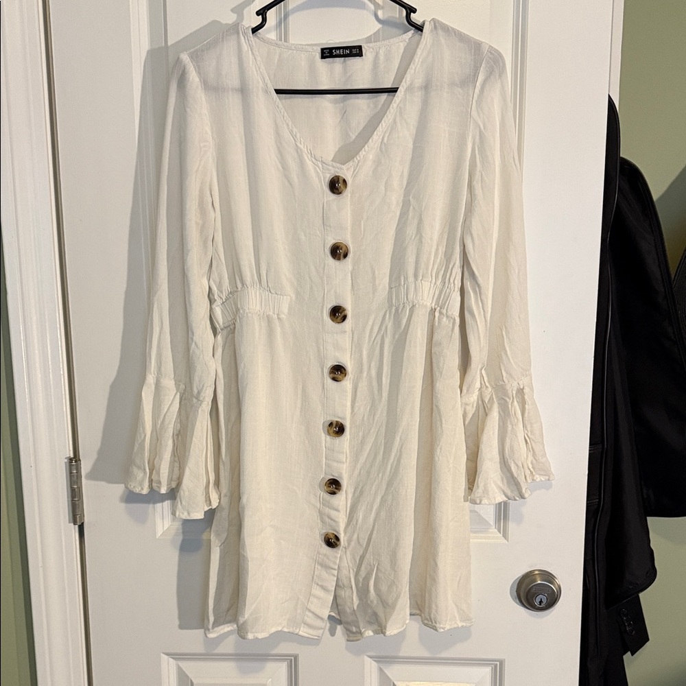 SHEIN Off-White Long Sleeve Dress with Button Accents